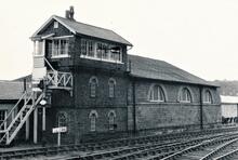 Whitby (MBW3 @ 30m 61ch). Signal Box and Goods Shed. Also gradient marker. 08 July 1972. 
