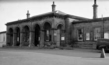 Whitby Town Station (MBW @ 30m 61ch). Main Building on Up side platform, 31 August 1955