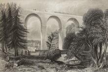Gelt Bridge (a.k.a. Middle Gelt bridge. NEC2 @ approx 51¼mp). From the How Gill to Greenwell road below the viaduct, looking south. Engraving 1837