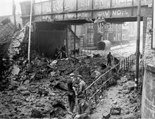Tyne Dock- Bridge 27 (JAW2 @ 5m 50ch) Damage to bridge over South Eldon Street caused by bombing on 2 October 1941. (Ref: 030746)