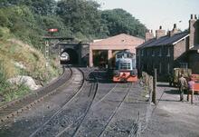 017069  Grosmont (RLG @ 24m 38ch). View of steam shed and tunnel. 27 August 1975