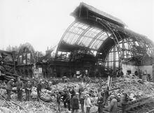Middlesbrough Station (DSN2 @ 15m 0ch)  North side of station looking from goods line. Soldiers clearing rubble into wagons after bombing on 3 August 1942. (Ref: 030734)