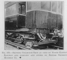 017585 North Eastern Railway.Photograph  Collector shoe as fited to a bogie