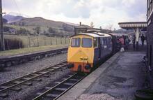 "Merionydd" on a train at Llanuwchllyn. 22 April 1986