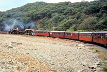 Ffestiniog Railway. Ddualt. Train hauled by two Fairlie locos on the spiral. 13 October 1979