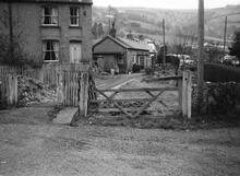 Glyn Valley Tramway, Glyn Ceiriog station, & remains of level crossing gate. 21 April 1963