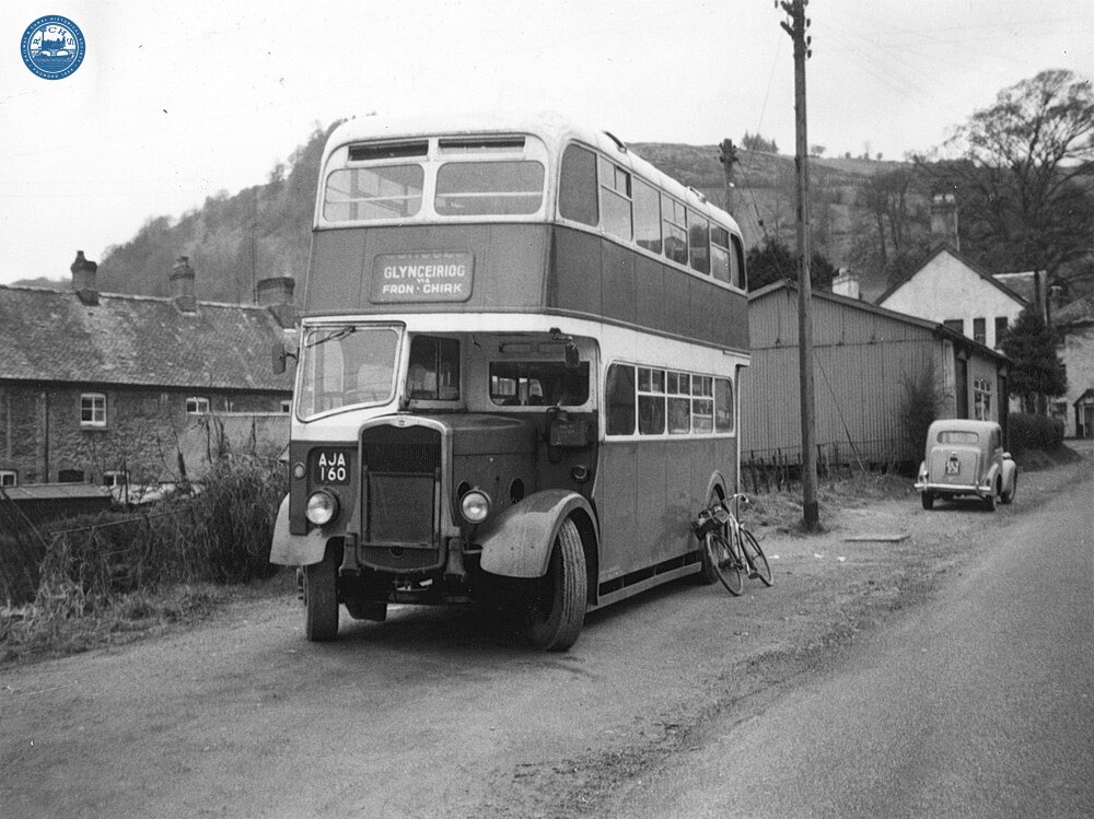 Glyn Valley Tramway, Glyn Ceiriog station yard. Double-decker bus AJA 160. 21 April 1963