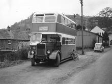 Glyn Valley Tramway, Glyn Ceiriog station yard. Double-decker bus AJA 160. 21 April 1963