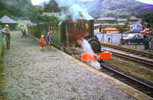 Llanberis Lake Railway. Gilfach Ddu station. ‘Elidor’ and train. 02 August 1989