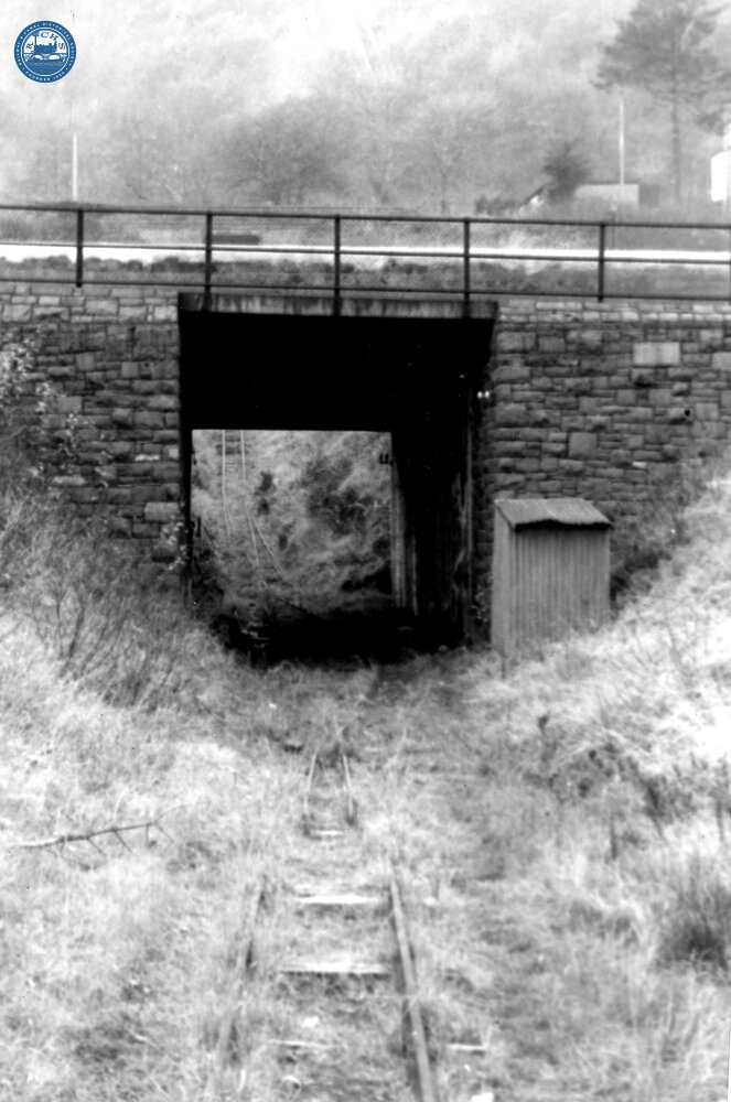 Llyn Cowlyd Tramway. The foot of the incline with its loop underneath B5106 bridge. 08 December 1963