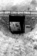 Llyn Cowlyd Tramway. The foot of the incline with its loop underneath B5106 bridge. 08 December 1963