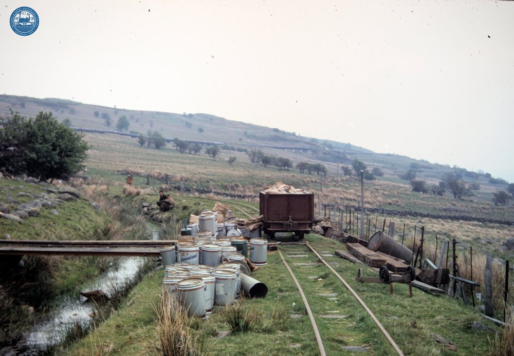 Llyn Cowlyd Tramway. Wagon, men, & stores - maintenance work. 24 May 1968