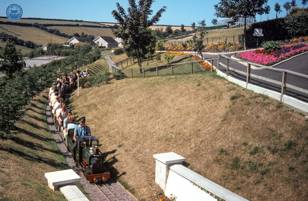 Beer Heights Light Railway, Devon. Train hauled by Thomas II. Just before tunnel. 27 July 1984