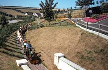 Beer Heights Light Railway, Devon. Train hauled by Thomas II. Just before tunnel. 27 July 1984