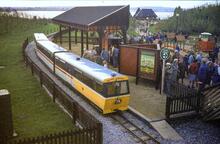 Liverpool 'Garden Festival' railway. R&ER 'Silver Jubilee' railcar 3-car set at 'Play centre' (Exhibition) station. 22 September 1984