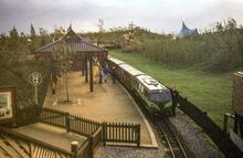 Liverpool 'Garden Festival' railway. R&ER 'Shelagh of Eskdale' at Exhibition station. 22 September 1984