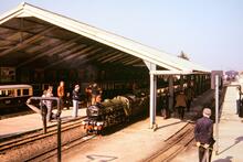 New Romney (RHDR @ 8m 12ch). Loco No. 3 'Southern Maid' on train. 12 April 1980