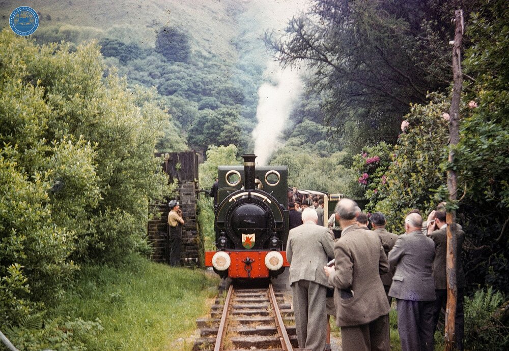 Dolgoch. TRPS Special. Locomotive No 4 taking water, with No 1 behind. 31 May 1959. 