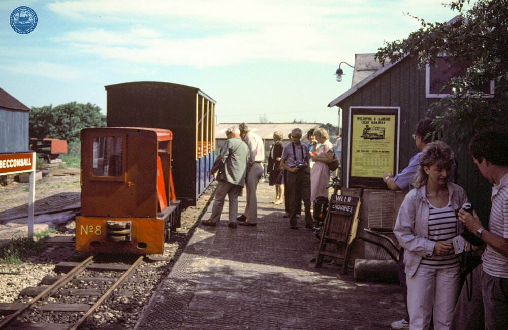West Lancashire Light Railway. Loco No 8 & train at Becconsall Station. 21 June 1986