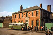 Hunslet works with "West Riding" bus 733, Reg. No. EHL 344 parked with RCHS party. 08 May 1982