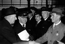 Sir Eustace Missenden, Chairman, Railway Executive 1948-51, greeting George Henry Leach G.M. (Ref: 010351)
