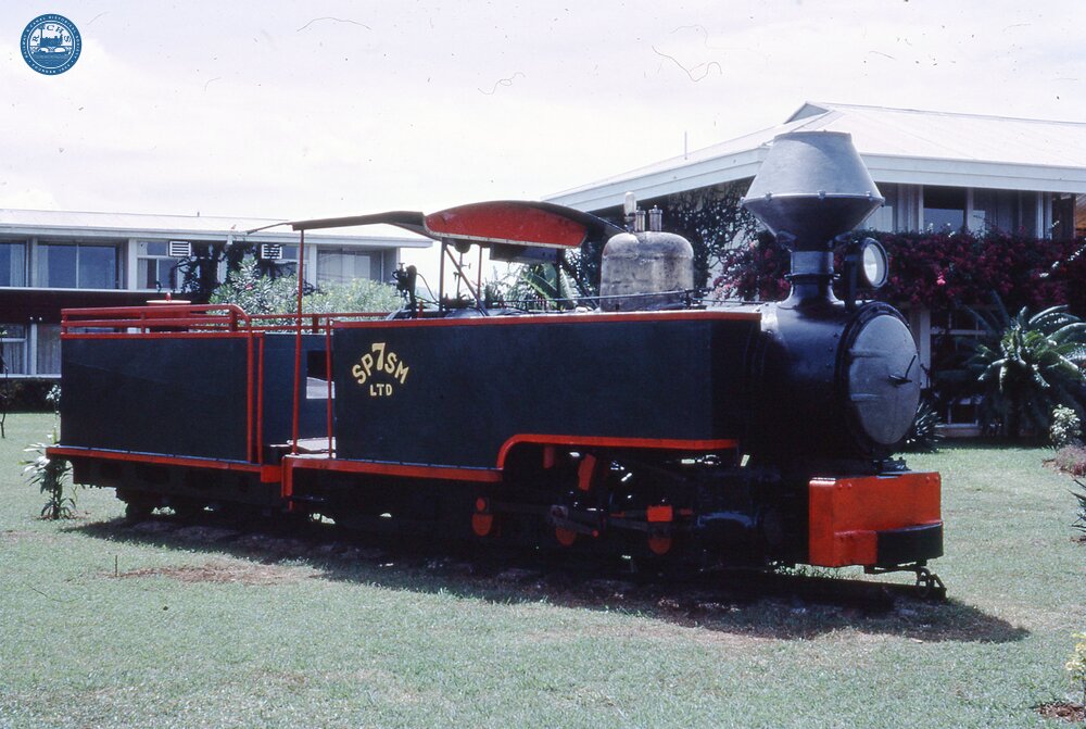 017813E Lautoka Sugar Mill Railway. Gateway Hotel, Nadi, South Pacific Sugar Mills steam locomotive No 7. 09 October 1973