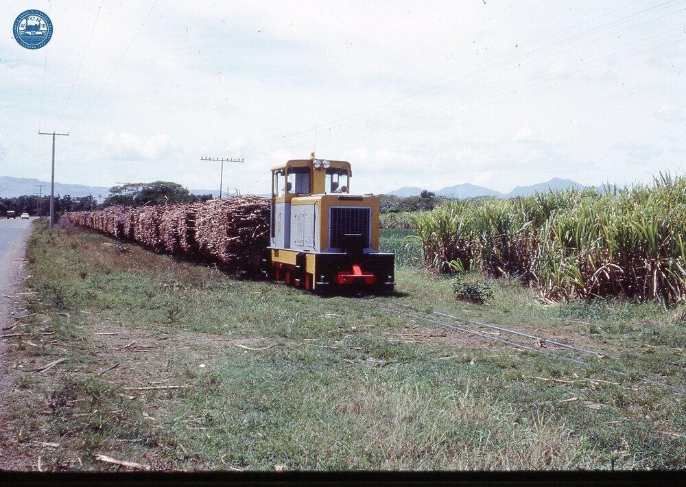 017814E Lautoka Sugar Mill Railway. Loaded Sugar cane train heading for Lautoka Mill hauled by diesel loco No 15. 09 October 1973