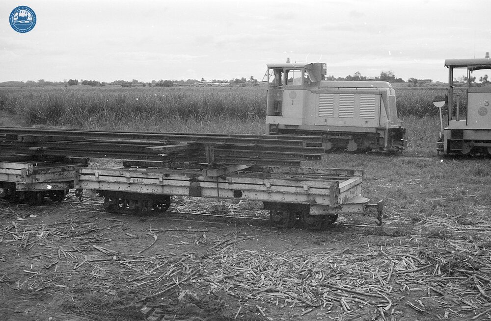 017841E Diesels and bogie wagon.Taken from Free Train. Between Nadi and Lautoka. 3 November 1973