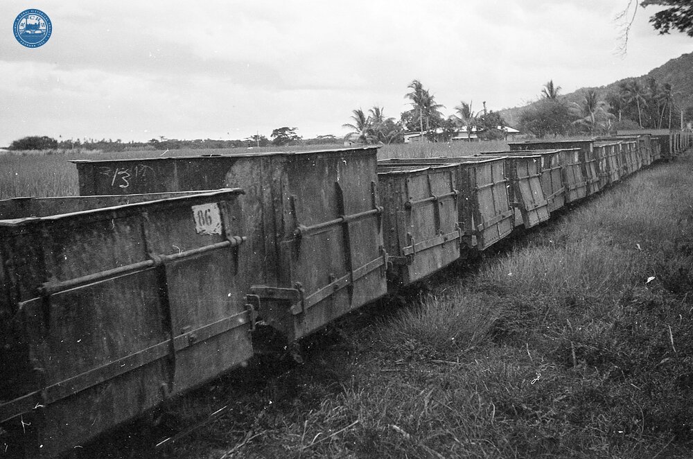 017845E Hopper wagons.Taken from Free Train. Between Nadi and Lautoka. 3 November 1973