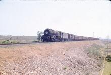 325028E Ind_66 Steam locomotive hauling  goods train on an embankment aproaching a level crossing north of Berhampur Odisha. 24 April 1974 