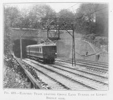 017326 Photograph LB&SCR. Train leaving  Grove Lane tunnel on London Bridge side. 