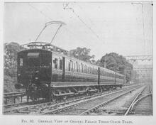 017546 General view of Crystal Palace three coach train. LB&SCRailway electrification.