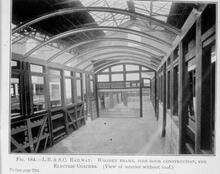  017569 Wooden frame of coach body, side door construction for electric coaches, view without roof. LB&SCR Electrification.