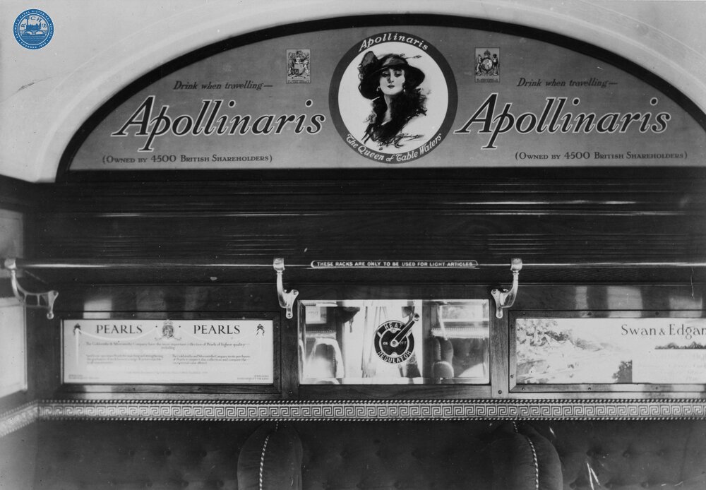Advertising Posters in a Compartment of a LBSCR elliptical roofed carriage. About 1910 - 1914