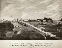 Deptford Wharf Branch Railway (DPW). Panorama of viaduct with that of London & Greenwich Railway in the background. 1848