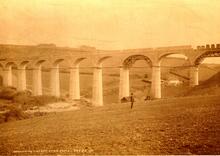 Cannington Viaduct (LYM @ 5m ch), between Combpyne and Lyme Regis. Panorama of the viaduct under construction. Circa 1902