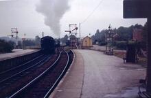 Broadstone station (BJP @ 115m 51c). Train departing towards Wimborne. 1963  