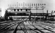 Waterloo Station (BML1 @ 0m 20ch). Over-line Signal Box looking north 1892. (Ref: 031660)