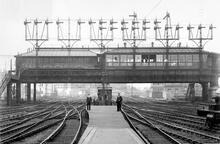 Waterloo Station (BML1 @ 0m 20ch). Over-line Signal Box looking South Pre-electrification. (Ref: 031662)