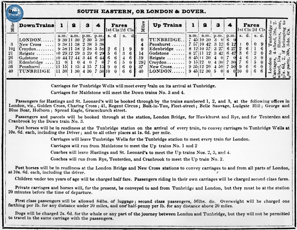South Eastern Railway or London and Dover Timetable for services between London and Tunbridge - the extent of the Company's route on its opening in 1842. (Ref: 031702)