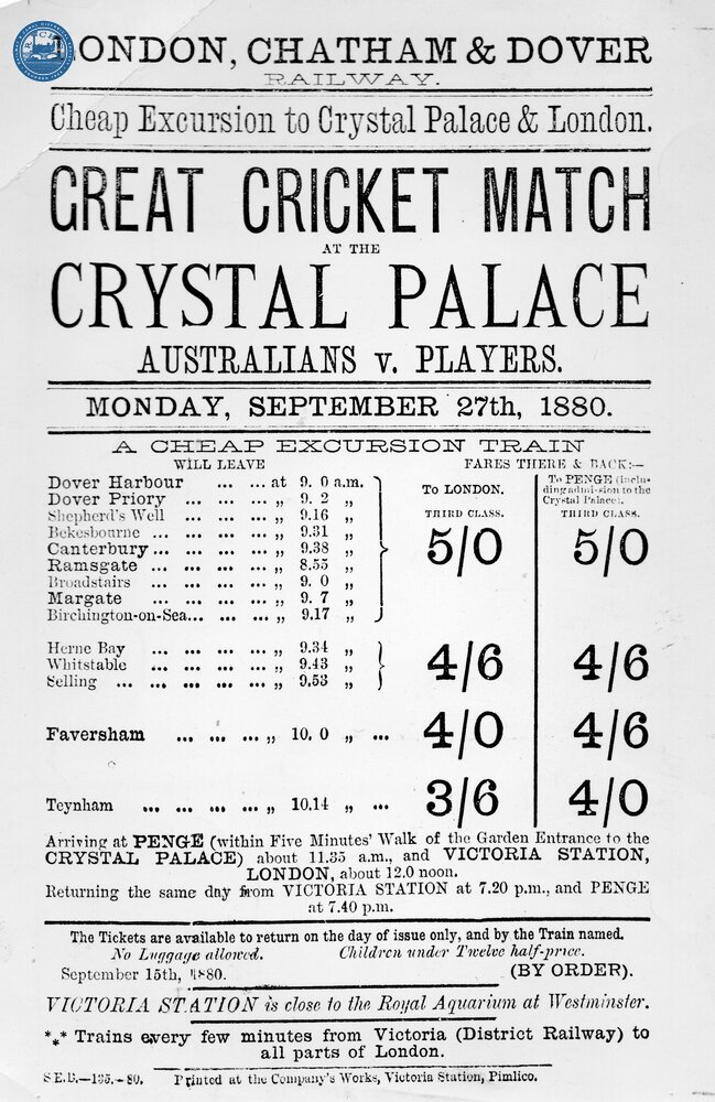 LCDR. Excursion to run from Dover to Crystal Palace (for a cricket match) and London Victoria on 27 September 1880. (Ref: 031781) 