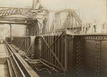 King's Ferry Bridge (SEJ2 @ 47m 34m). Rail-level view along the 1904 bascule bridge showing the lifting span