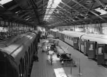 Eastleigh Works, Southern Railway. Interior of carriage building workshop, 1946/47