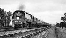 “The Devon Belle” hauled by Southern Railway Merchant Navy Class locomotive, somewhere in 3rd rail territory. 1947 / 1948