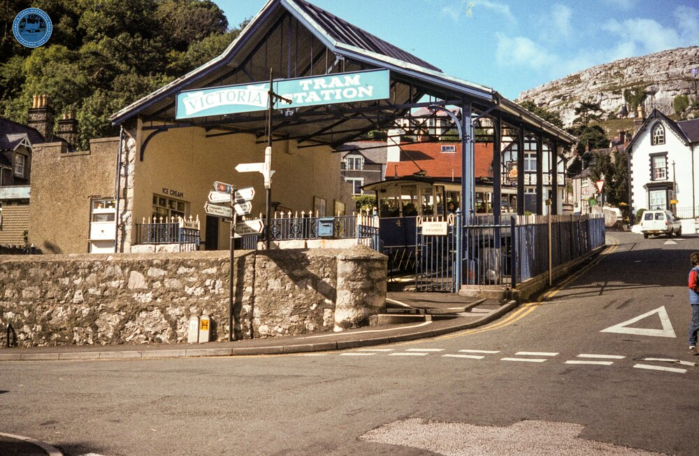 Great Orme Tramway. Victoria Station, exterior view with Car 4 inside. 20 September 1984