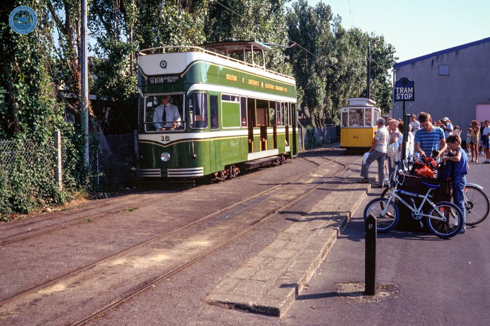 Seaton terminus with open-top tram No. 12 & yellow tram No. 01. 21 August 1989