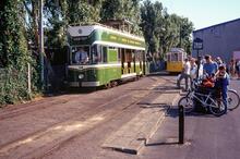 Seaton terminus with open-top tram No. 12 & yellow tram No. 01. 21 August 1989
