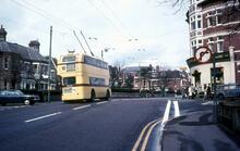 Bournemouth Corporation trolleybus in Christchurch Road at Drummond Road, Boscombe. 02 April 1968