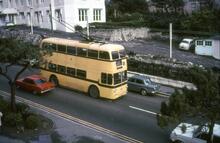 Bournemouth Corporation trolleybus in Bath Road, from Bath Hill Court. 02 April 1968