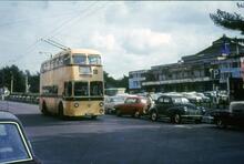 Bournemouth trolleybus passing Pavilion in Westover Road. 02 April 1968